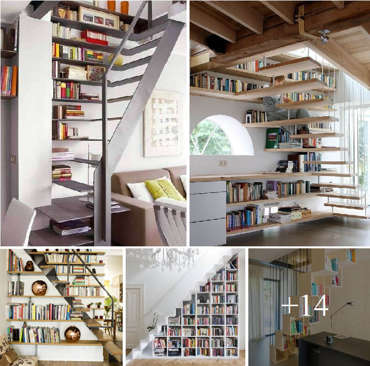Stunning stairs with bookcases for your living room