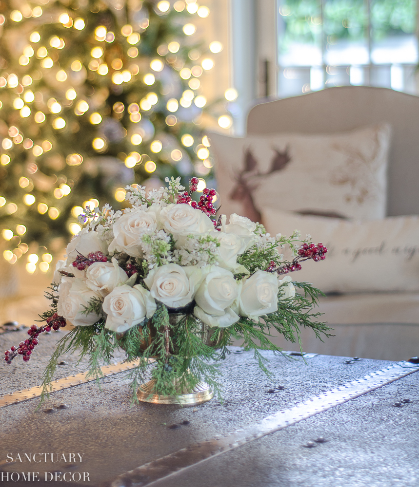 An Easy DIY White Rose and Pine Winter Cente