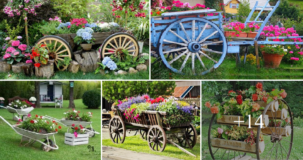 Charming garden decor ideas with wheels wagons and wheelbarrows