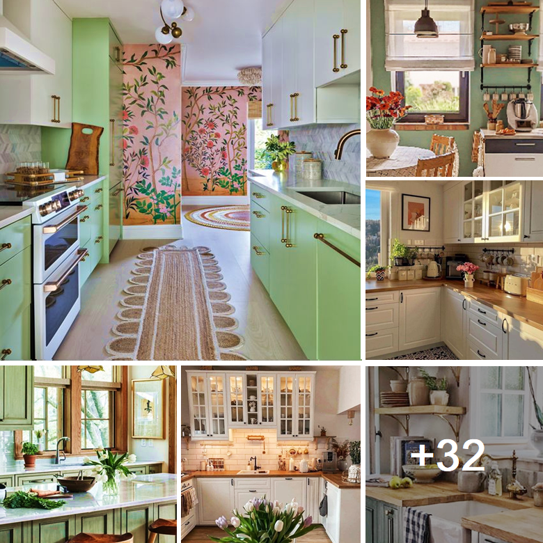 Perfect harmony of green white and wood in modern vintage kitchen design
